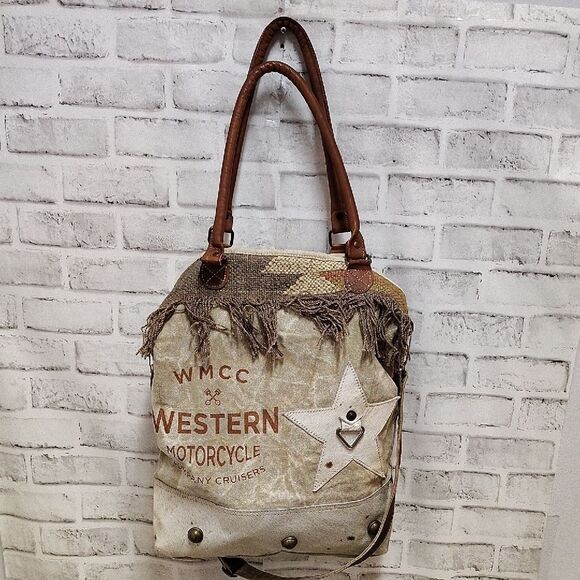 Brown and Tan Backpack with Leather Straps and Distressed Design - Picture 2 of 6